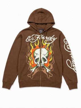 Ed Hardy Mens S Brown Skull Flame Zip Up Graphic Hoodie